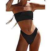 YIMISAN Women's Two Piece Bandeau Swimsuit Ribbed Strapless Tube Bikini Top with Mid Waist Cheeky Bottom Bathing Suit