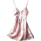 IIG Women's Satin Floral Print Sleepwear Silky Adjustable Spaghetti Strap Full Slip Pajama Dress