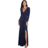 Betsy & Adam Womens Betsy & Adam Women's V-Neck Long Sleeve, Floor-Length Gown with Side Ruffle Detail and Slit