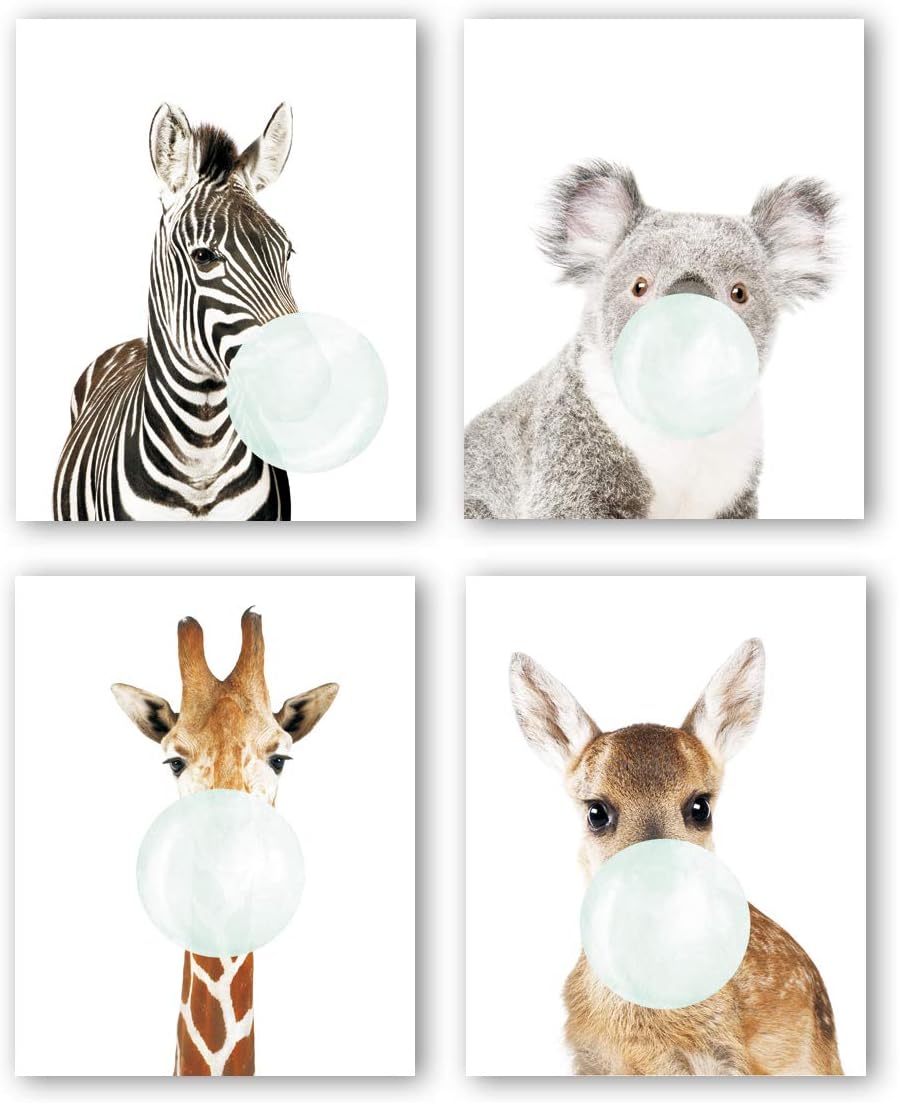 Nursery Animals Prints Set of 4(8”X10”,Baby Safari Prints Woodland Animals Canvas Art Print Poster, Kids Room Educational Decor, Wall Pictures for Living Room Home Decor, No Frame