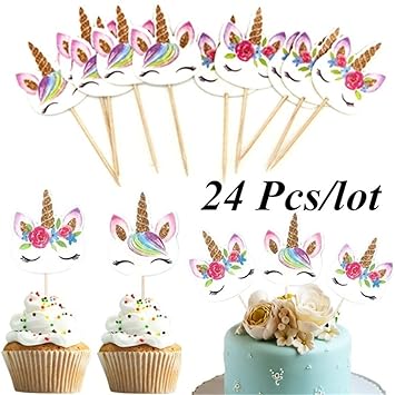Ogquaton Premium 24pcs Licorne Cupcake Toppers Et Cupcake Wrappers Anniversaire Double Face Cake Topper Enfants Decoration De Gateau De Fete Rose Et Bleu Cuisine Maison Boites De Transport Pour Gateaux