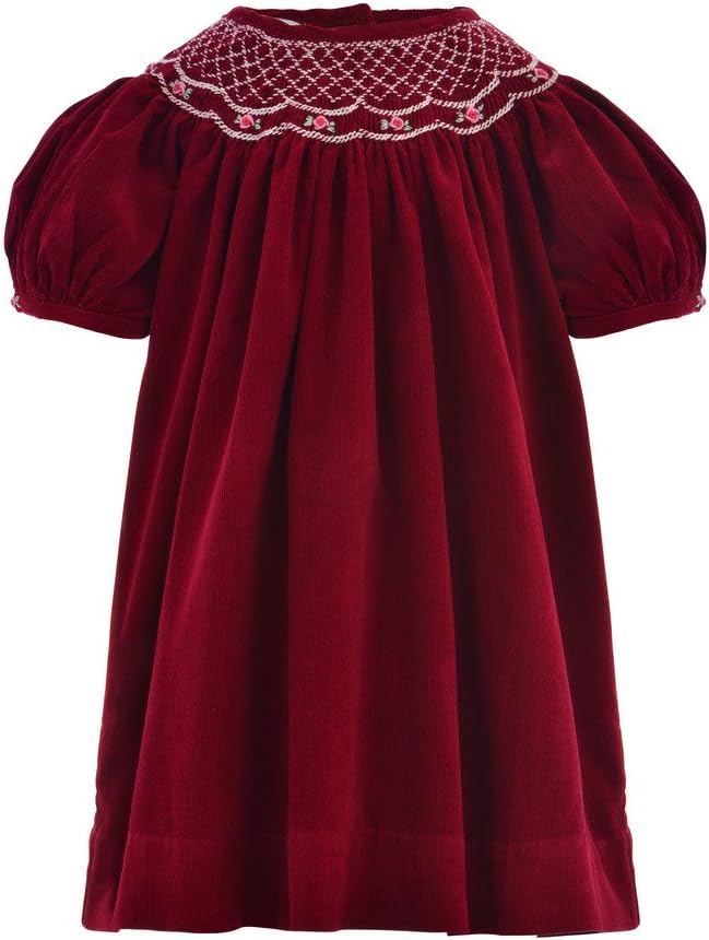 Carriage Boutique Baby Girls Maroon Corduroy Bishop Dress with Hand Smcoking, 3M