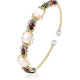 LOOYUUPEE Natural Green Jade & Pearls Bracelets for Women, Natural Freshwater Pearls Jade Bracelets Jewelry Bangle, Lucky Green Jade Jewelry for Mom Lover Her