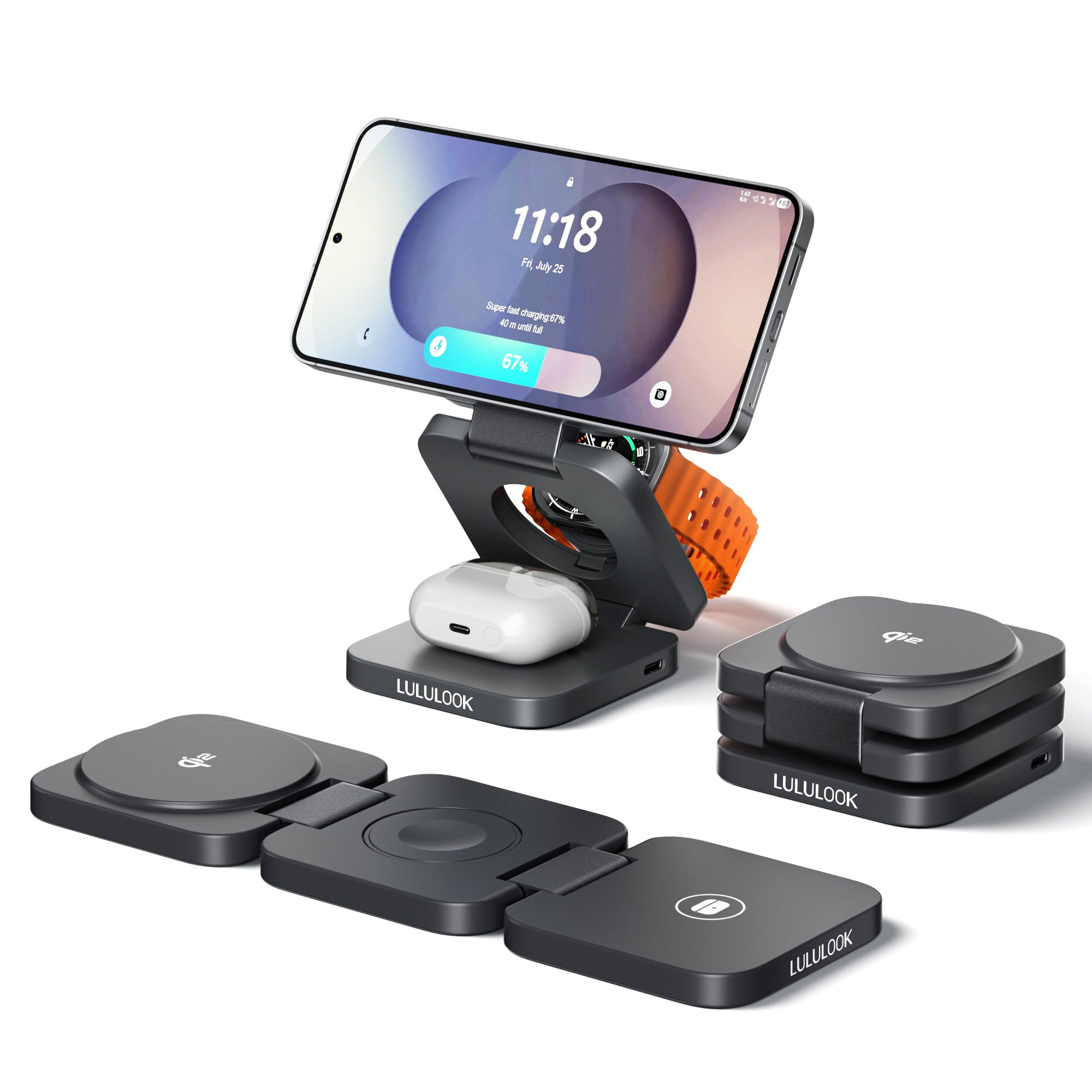 Photo 1 of LULULOOK Qi2 Foldable 3 in 1 Wireless Charging Station for Samsung Phone and Watch and Buds, Travel Magnetic Charger Stand for Samsung Galaxy S25/S24/S23/Z Flip/Fold-for Galaxy Watch 8/Ultra/Buds