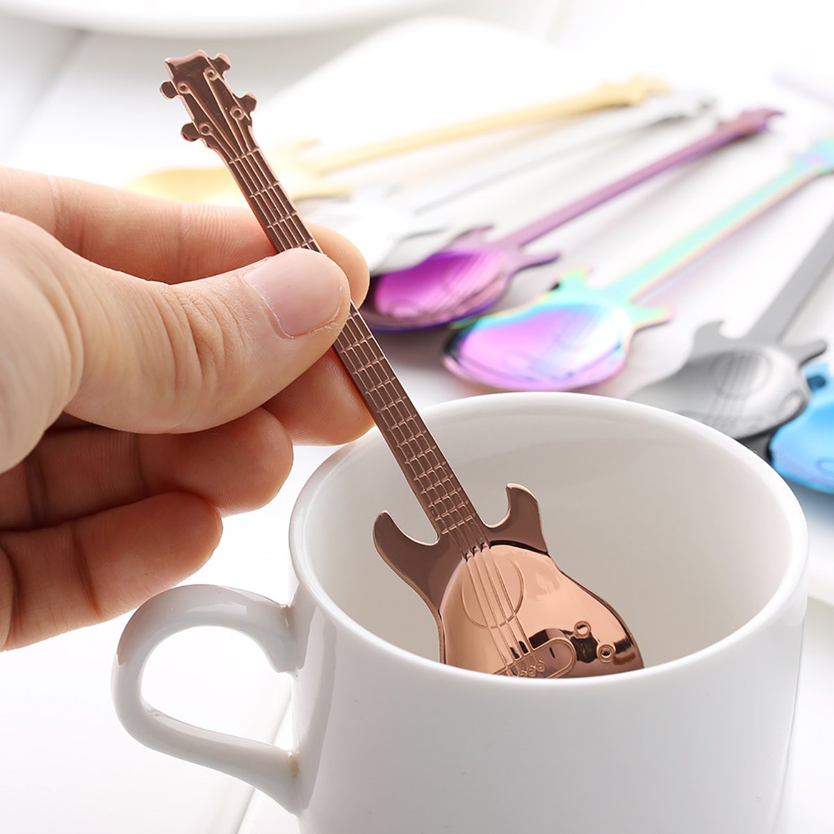 LONGLISHENG 7 Piece Demitasse Spoons Mini Dessert Spoon 4.5 Inch Stainless Steel Colorful Guitar Tea Spoon Cute Kitchen Utensil for Coffee
