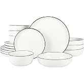 Gibson Home Oslo 16-Piece Porcelain Dinnerware Set, Service for 4 &ndash; White Plates with Black Rim, Microwave &amp; Dishwasher Safe