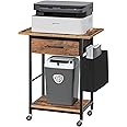 MAHANCRIS Printer Stand with Storage Drawer, 2-Tier Under Desk Printer Table with Side Bag for Home Office, Rolling Printer Cart with Lockable Wheels, Heavy Duty Storage Rack, Rustic Brown PTHR5601