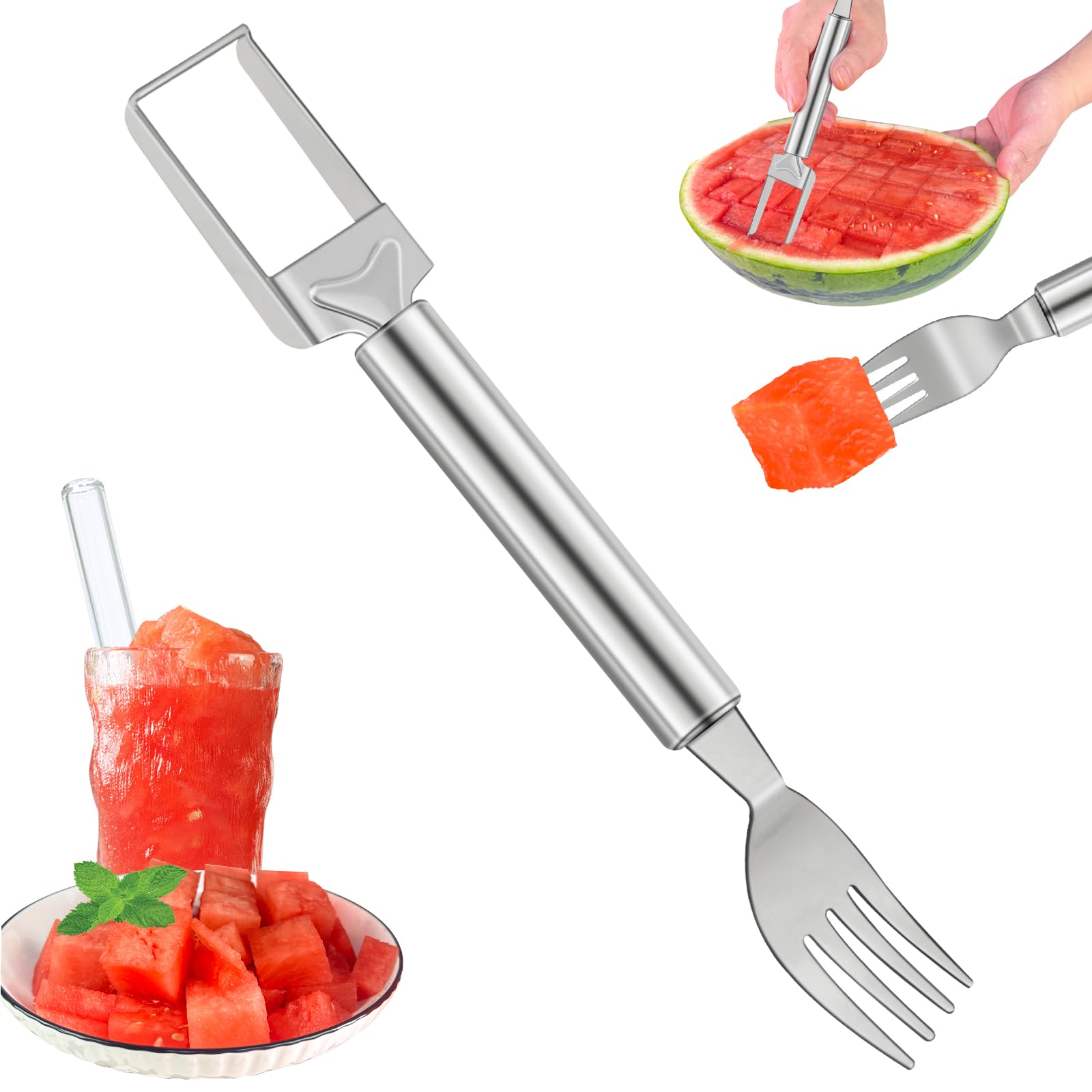 2-in-1 Watermelon Slicer & Fork – Stainless Steel Fruit Cutter Tool for Watermelon, Mango, Pitaya – Portable for Camping, Picnics, Home, Parties – Effortless Cubes & No Mess
