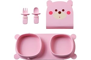 yahaa Toddler Plates Travel Essential on the go,Baby Plates with Forks and Spoons Self Feeding 6 months,Foldable,Silicone,BPA Free,Pink Bear