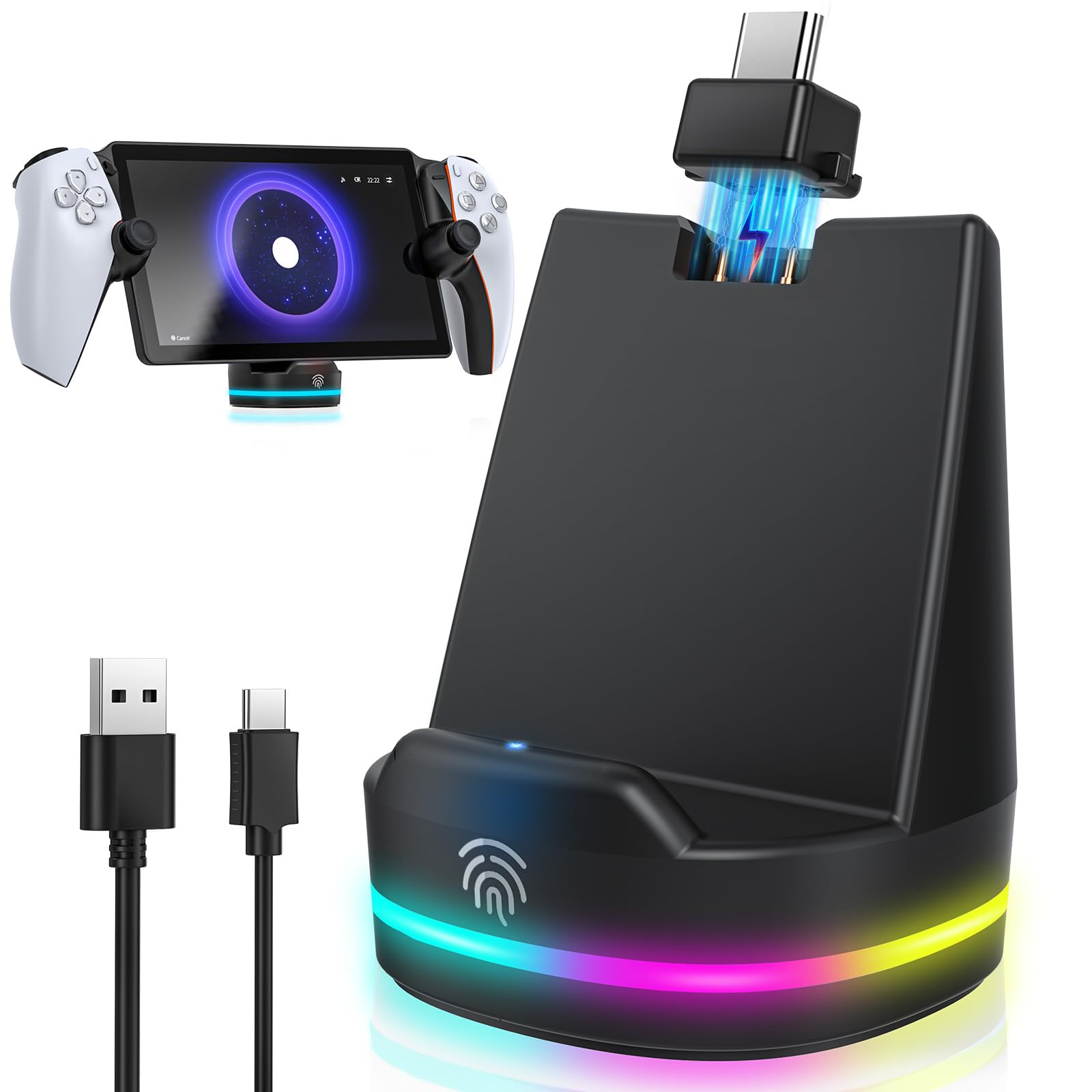 Magnetic Charging Dock for PlayStation Portal Remote Player - Case Friendly Charging Station for PS5 Portal Accessories with 12 RGB Light Modes & Cable, Carbon Black