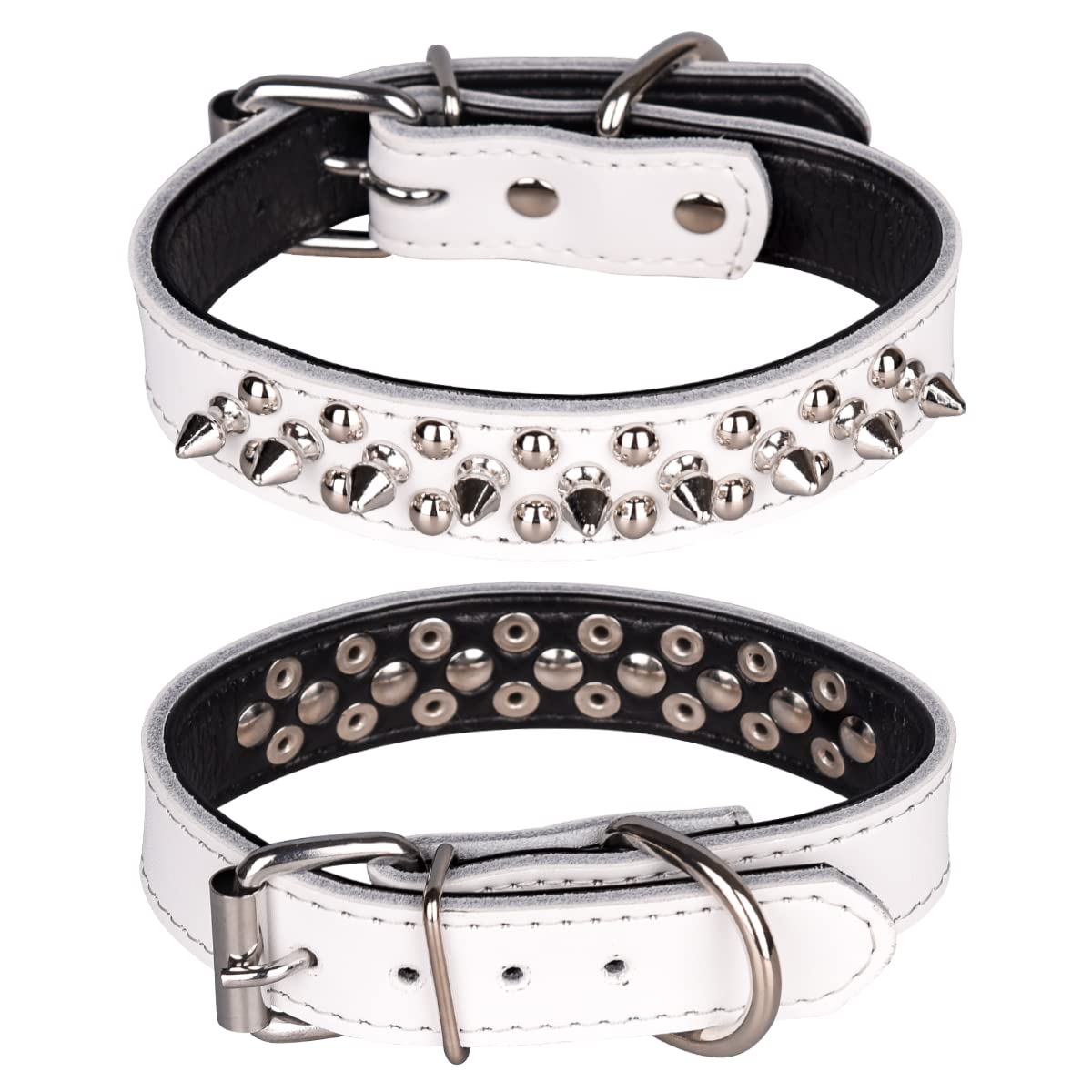 haoyueer Spiked Studded Dog Collar, Genuine Leather Dog Collar, Adjustable Pet Collars for Medium Large Bulldog Pitbull Mastiff Poodle Boxer (M, White-2)