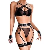 Kaei&Shi Criss Cross, Exotic Strappy, Thong Leg straps, 4 PC Garter Lingerie Set