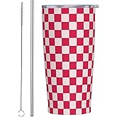 JASROTAO Pink Checkered Tumbler, Buffalo Plaid 20oz Stainless Steel Insulated Travel Tumblers,Travel Coffee Mug with Lid and Straw Cups Gifts for Women Men