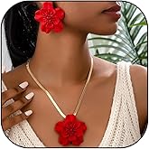 TACBSP Red Flower Necklace Earrings Set for Women Vintage Floral Statement Earrings Boho Large Flower Snake Chains Necklace Wedding Beach Jewelry Set Gifts