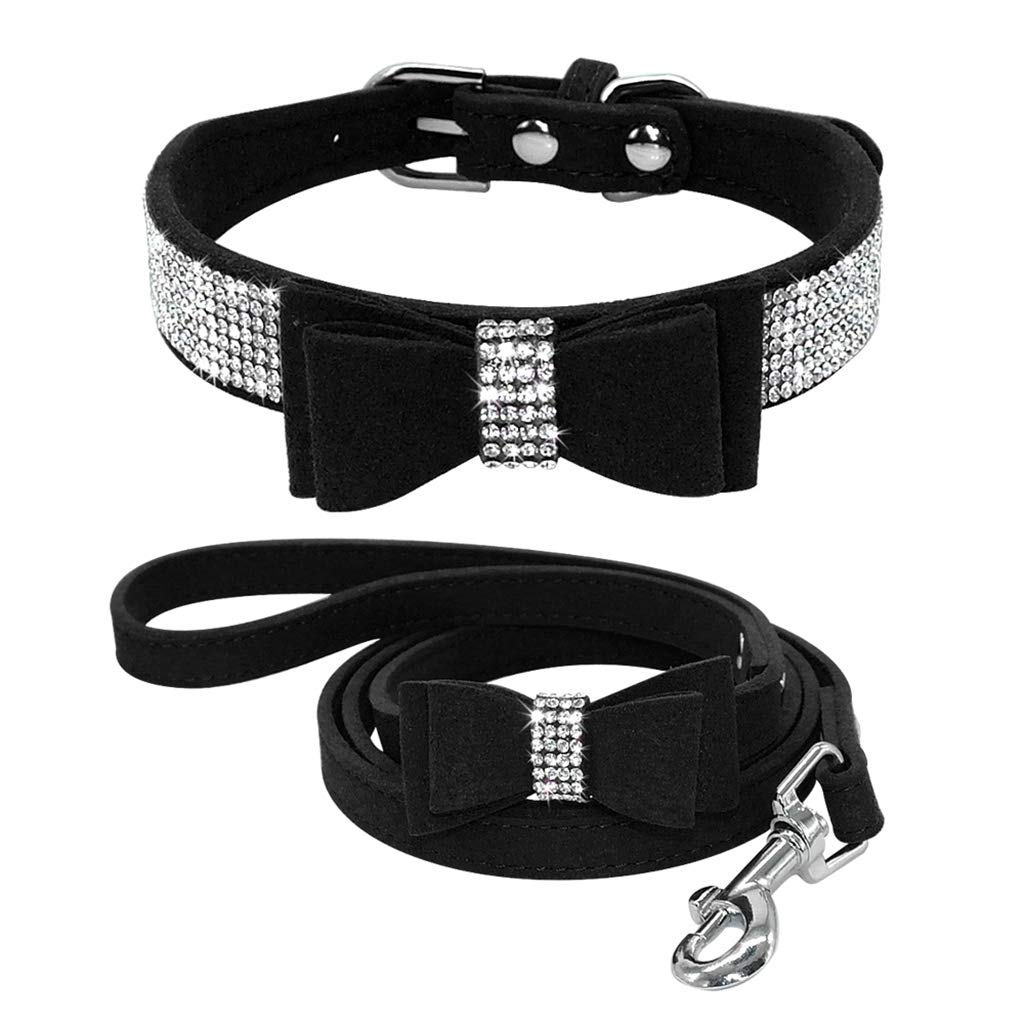 TELEYI Rhinestone Bling Leather Dog Cat Collar & Leash Set Crystal Diamonds Studded Cute Bowknot Puppy Small Dogs Collar Puppy Leash