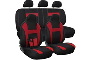 OxGord Car Seat Cover - Poly Cloth Two-Tone with Front Low Bucket and 50-50 or 60-40 Rear Split Bench - Universal Fit for Cars, Truck, SUV, Van - 10 pc Complete Set - Red/Black