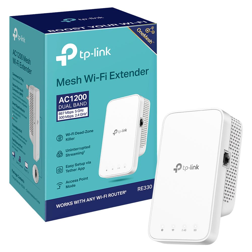 TP-Link RE330 AC1200Mbps WiFi Extender Booster, Ethernet Port, EasyMesh, WiFi Booster Range Extender, Internet Booster, Access Point, Works with Any WiFi Router, App Control Easy Setup, UK Plug