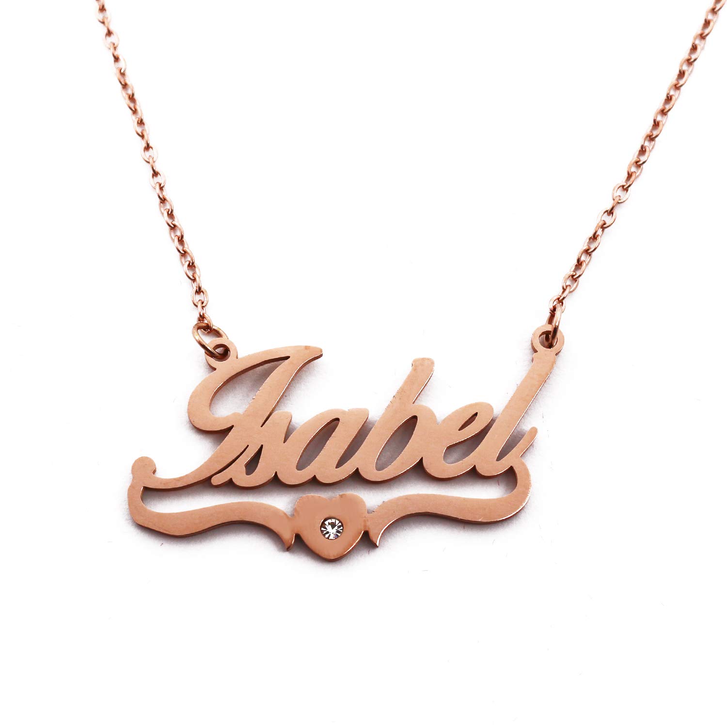 Kigu Isabel Personalised Heart Shaped Name Necklace Rose Gold Plated, Custom Dainty Name Pendants, Jewellery for Ladies, Girlfriend, Mother, Sister, Friends