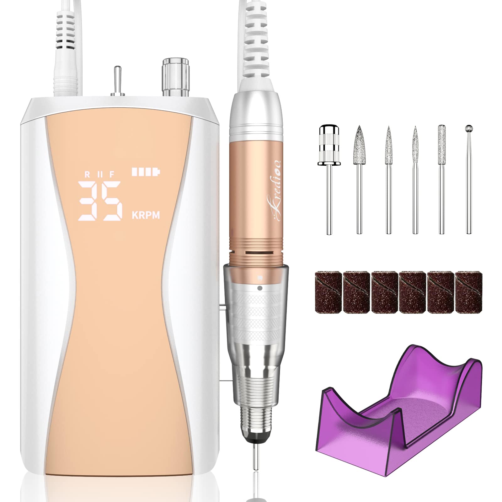 Kredioo Professional Electric Nail Files 35000RPM Portable Nail Drill for Gel Nail Acrylic Nails, Rechargeable E File Kit Manicure and Pedicure Set with Pause Button, 36W, Gold