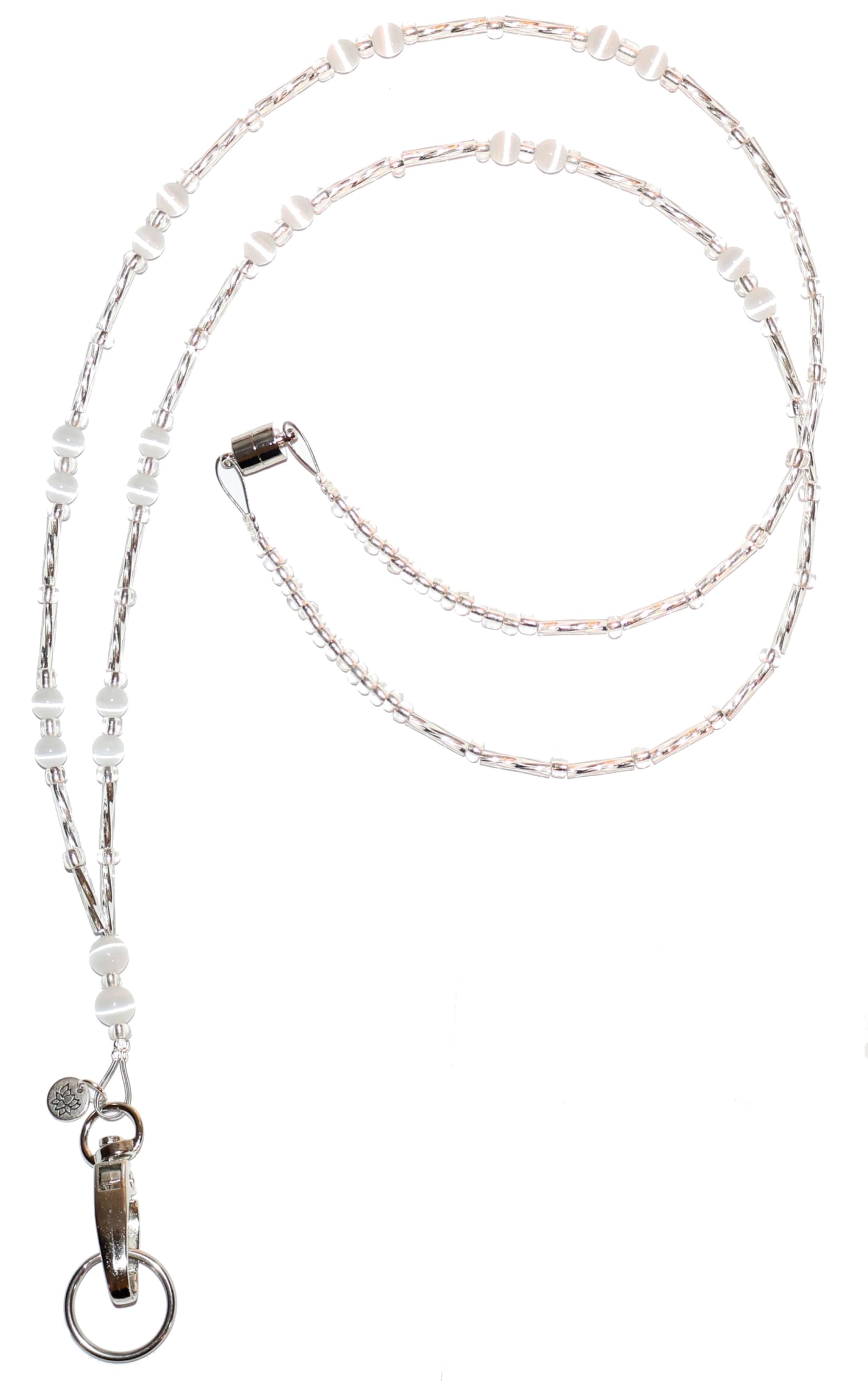 Hidden Hollow Beads, Simple Black, Women's Fashion Beaded Lanyard Necklace, 34", Key and ID Badge Holder (White - Magnetic Breakaway Clasp)