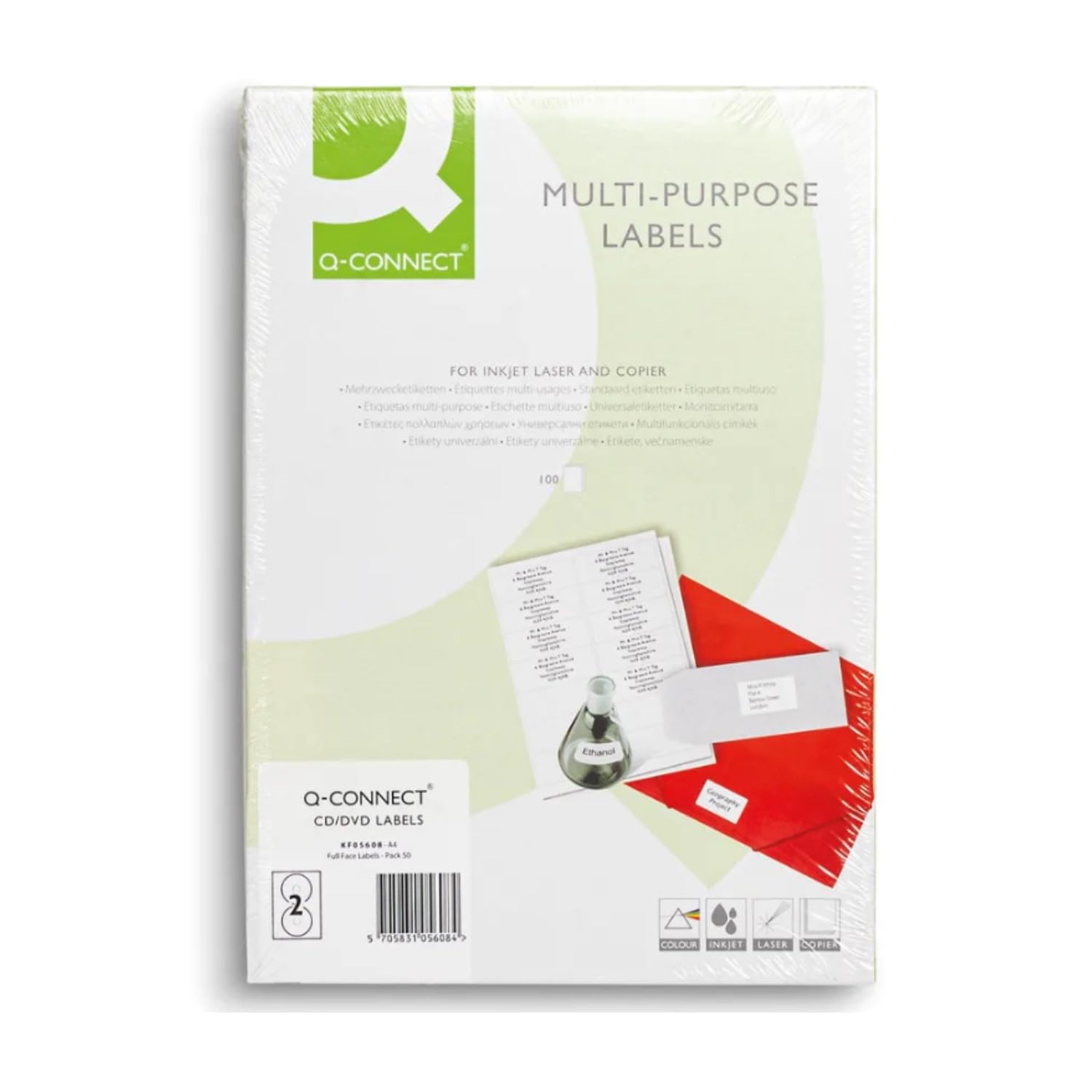 Q-Connect Full Face CD/DVD Labels 117mm Diameter x50 2 Per Sheet White (Pack of 100) KF05608
