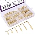 AUXBC 150PCS Mini Right Angle Screw Hooks 1/2 Inch Brass Plated L Hooks, Screw-in Square Bend Hooks, Gold Mini Shoulder Hook Screw Self-Tapping Screws Hooks
