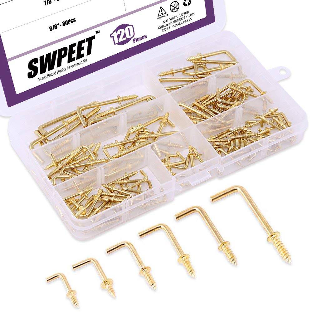 Swpeet 120Pcs 6 Sizes Gold Brass Plated Metal Screw-in Square Bend Hooks Kit, Self-Tapping Screws for Home/Workplace/Office