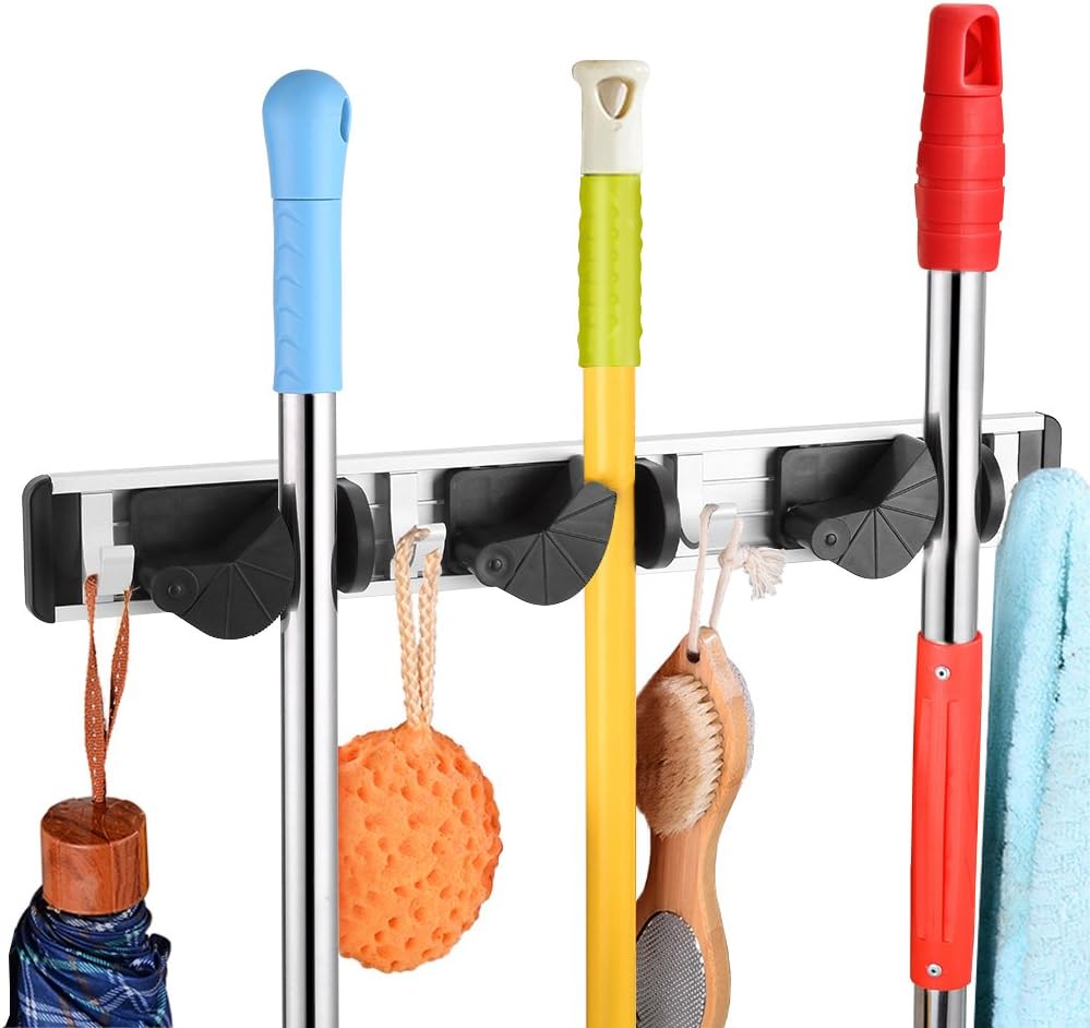 Mop and Broom Holder Wall Mounted Rack Hanger Sweeping Brush Organizer with for Closet Rakes, Garden, Sports Equipment