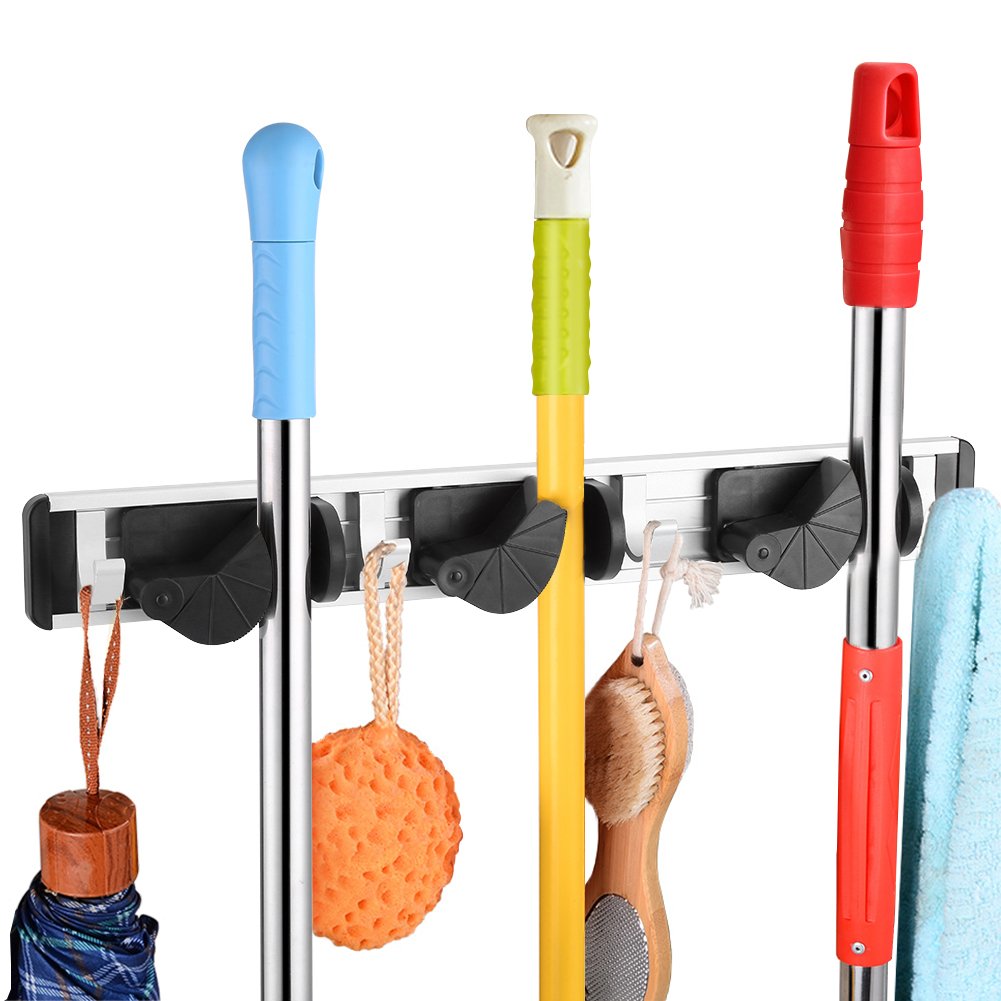 Mop and Broom Holder Wall Mounted Rack Hanger Sweeping Brush Organizer with for Closet, Rakes, Garden, Sports Equipment, Garage Storage for Shelving Ideas(3 Position 4 Hooks)