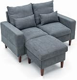 Panana Linen Fabric Love Seat Couch 2 Seater Grey with Footstool view 6
