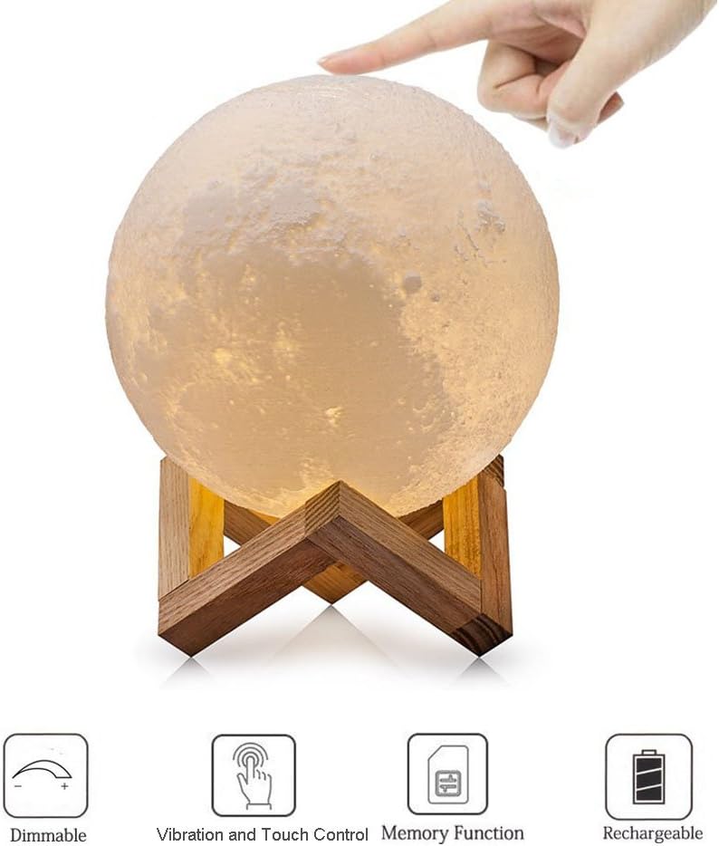 DUBUT21 LED Moon Lamp Smart Touch and Vibration Control Lunar Night Light Rechargeable Home Decorative Hanging Light with Wood Holder, Diameter 5.1 in（3 Colors，Cool/Warm White/Yellow)