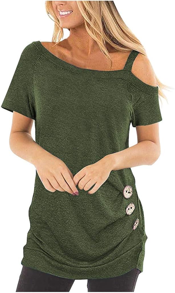 YANYUN Women Blouse Fashion Sexy Off Shoulder Cute Button Tshirt 2020 Summer Short Sleeve Crew Neck Pullover Plain Tunic Tops