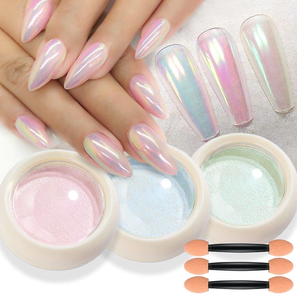 Photo 1 of evpct 3Pcs Chrome Nail Powder Kit for Nails Polish Blue Pink Green Pearl Mermaid Rainbow Holographic Iridescent Chameleon Metallic Neon Pigment Mirror Chrome Nail Powder for Gel Nails Glitter