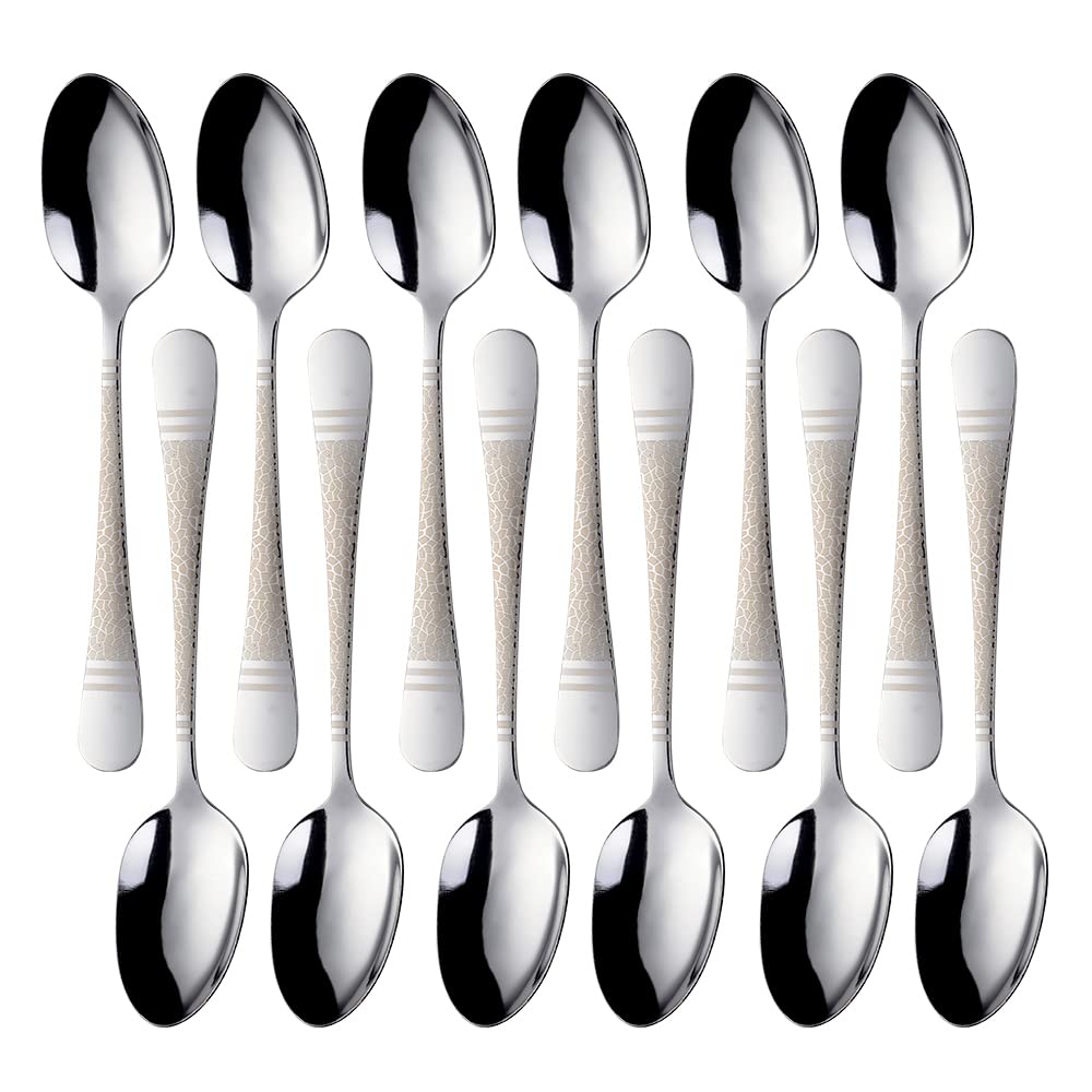 BUYER STAR Dinner Spoons Set of 12, Hammered Stainless Steel Table Spoon Cutlery Set, Dessert Spoons with Laser Snake Pattern for Home Restaurant, Dishwasher Safe - 7.5 Inch, Silver