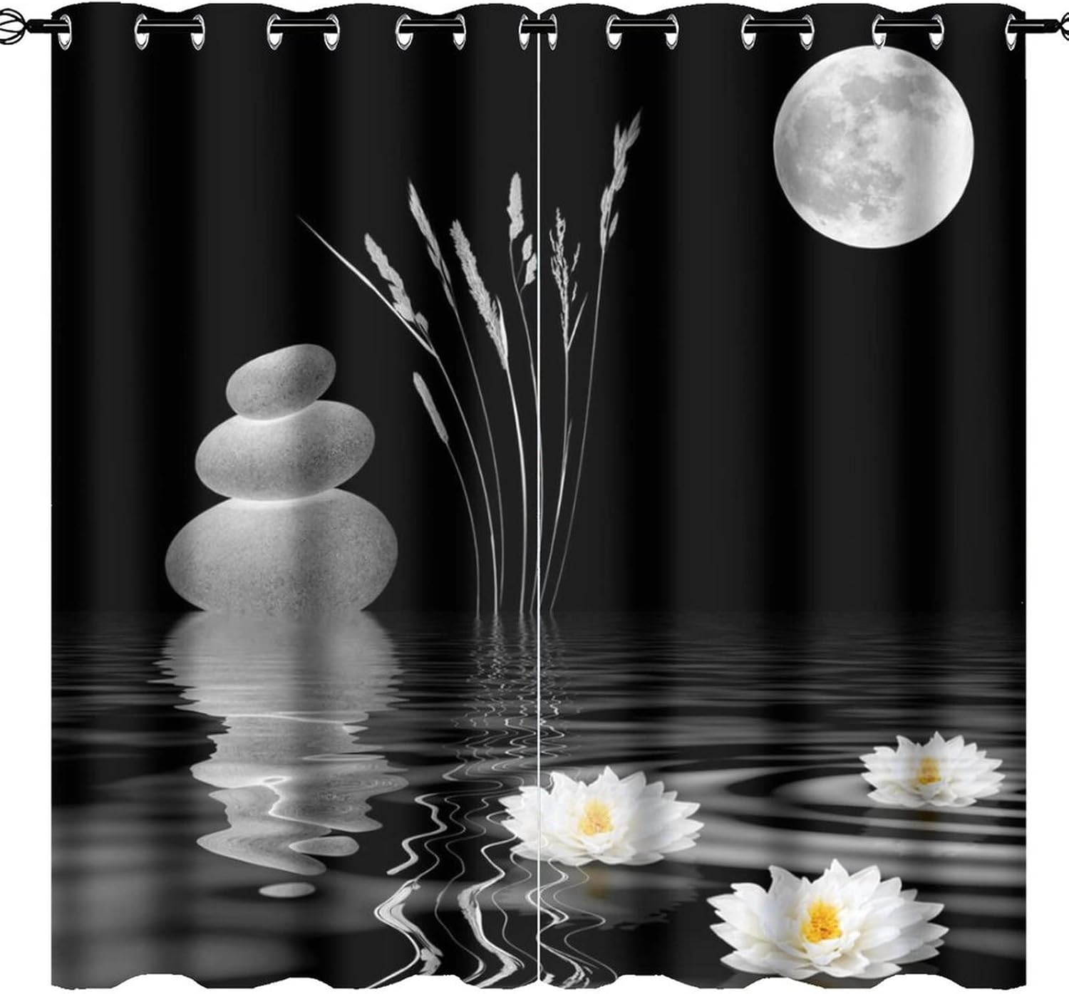 Outdoor Curtains - Kazynee Zen Full Moon Stone Ultra Soft Premier Blackout Curtains,Japanese Garden Theme Wild Grass White FlowerThermal Insulated Bedroom Noise Reducing Patio Door Grommet Top,2 Panels 84L x 42W