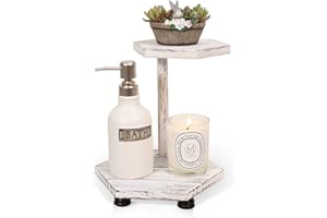Tikea Hexagonal Wood Riser for Display, 2-Tier Wood Farmhouse Riser for Kitchen Bathroom Counter Decor, Decorative Tray for Soap Dispenser, Decorations and Plant (White)