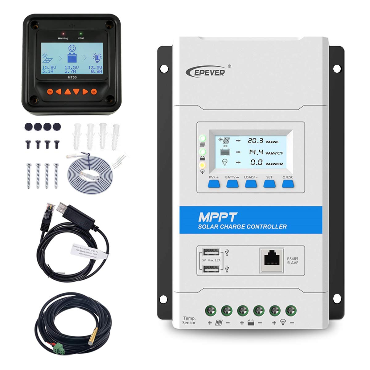 Photo 1 of EPEVER 40A MPPT Solar Charge Controller Max. PV 150V Solar Panel Charge Regulator with LED&LCD Display Double USB Port and MT50 Remote Meter Temperature Sensor RTS & PC Communication Cable RS485