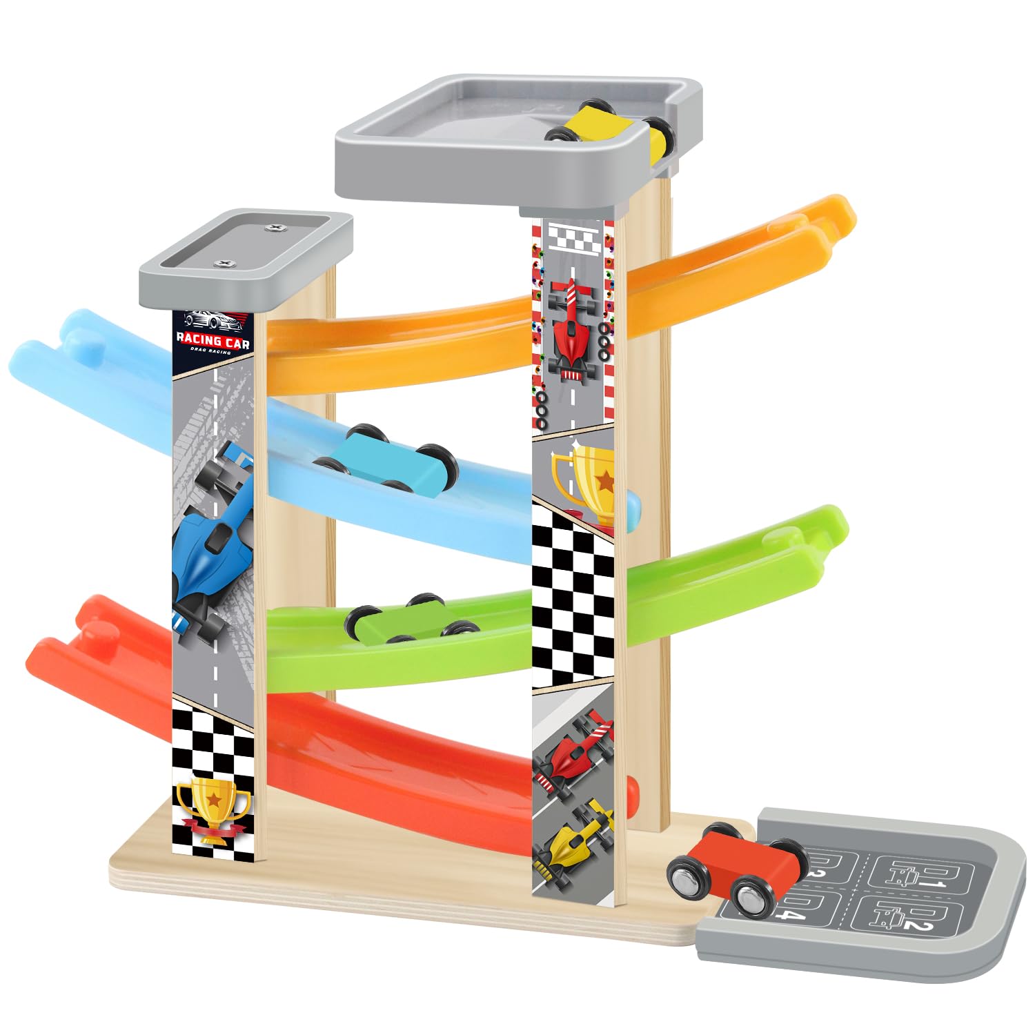 Wooden Car Ramp Toy Set, Montessori Ramp Set Includes 4 Mini Cars and Track — Educational Gift for Boys and Girls 3+ Years Old