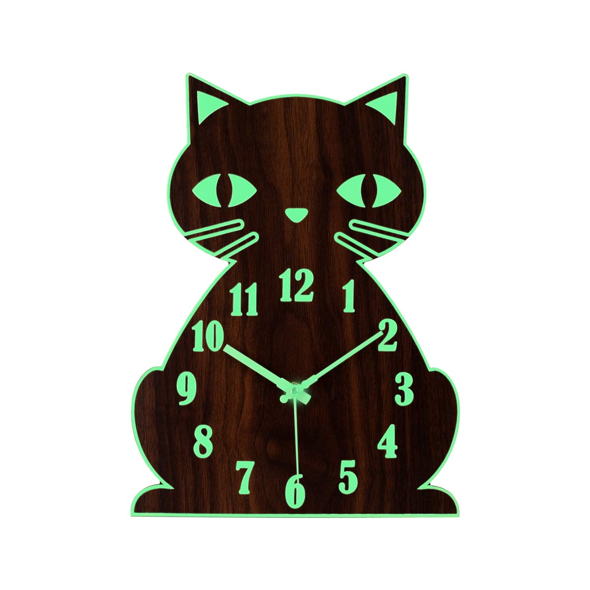 Topkey Luminous Non ticking Silent Wall Clock Animal Design Clock for Child, Battery Operated (Not Included) – Cute Cat Brown