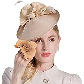 HIMESPORT Women's Straw Derby Hat with Feather for Formal Cocktail & Tea Party Events - Elegant Luxury Fascinator Headpiece