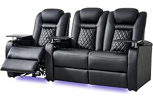 SOOTHROOM Home Theater Seating, Classic Series Leather Movie Theater Chairs, Power Headrest and Memory with C-Type USB Charger, 7Color Ambient Lighting and Tray Table, Black Power Adjustable Recliner(Row of 3R)