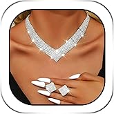 JEAIRTS Rhinestone Choker Jewelry Set Silver V-Shaped Crystal Collar Necklace Earrings Sets for Women