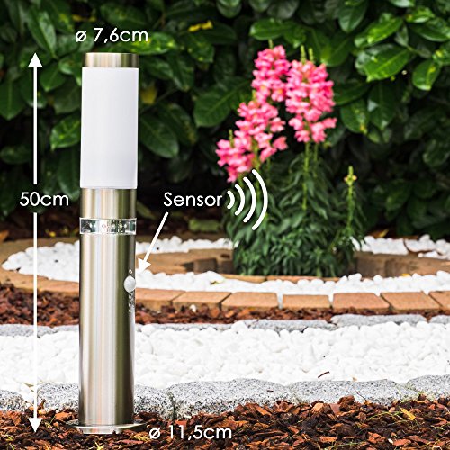 Außenleuchte Avize mit Bewegungsmelder, moderne Sockelleuchte aus Edelstahl und Kunststoff-Scheiben, Wegeleuchte 50 cm, Gartenlampe mit E27-Fassung, Gartenbeleuchtung IP44, ohne Leuchtmittel – Bild 4