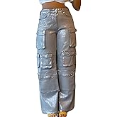 Unybwonn Women High Waisted Metallic Cargo Jeans Y2k Satin Sparkly Straight Wide Leg Denim Pants with Flap Pockets
