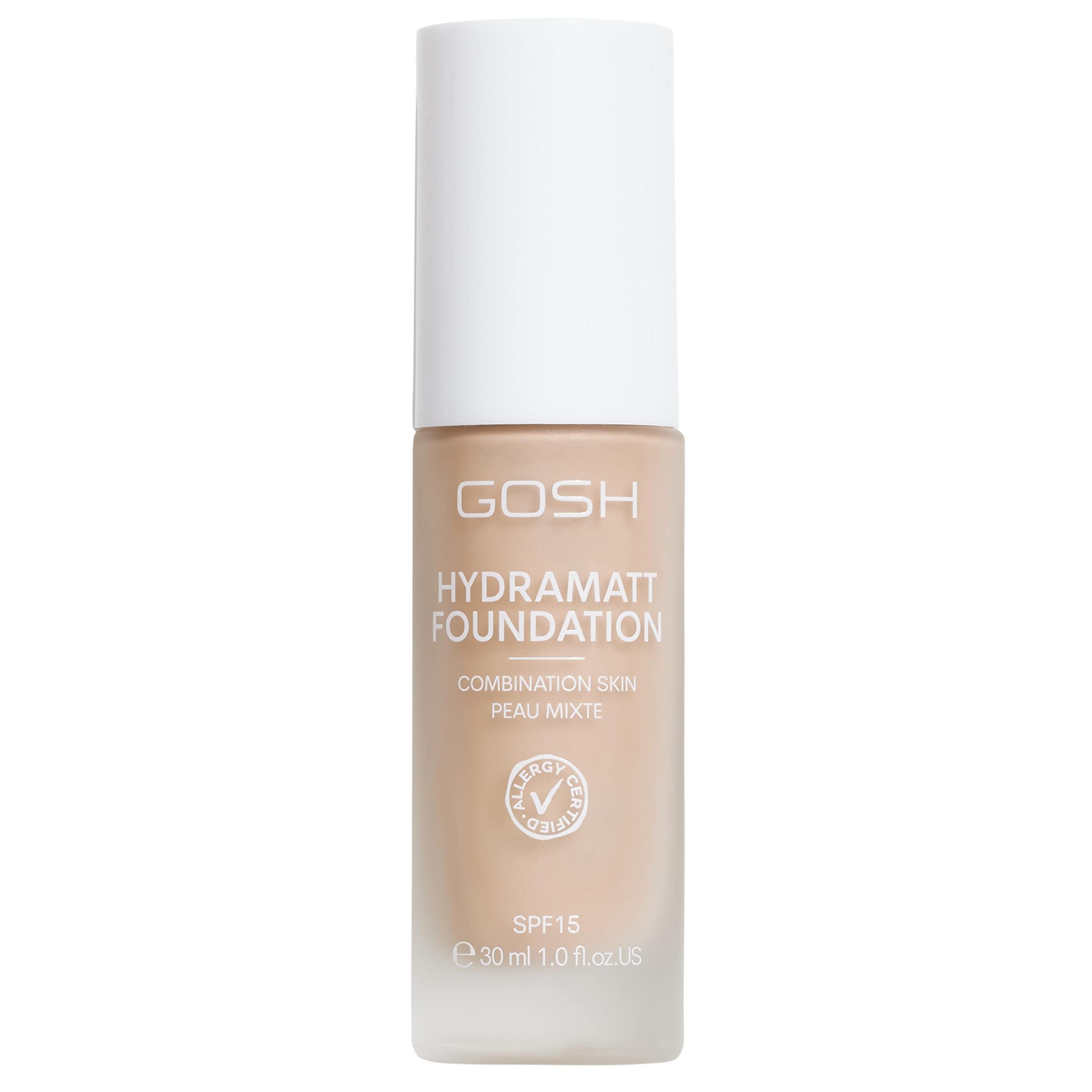 GOSH Foundation with SPF 15 for Light and Dark Skin, Vegan, Matte Makeup for Dry, Sensitive and Oily Skin, Smudge- and Sweat-Proof, Oil-Free, Adjustable Coverage, No Mask Effect, 002R