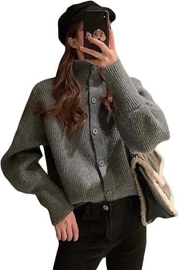 Amazon Bestmood カーディガン レディース 厚手 ニット セーター ハイネック ボタン付き ニットカーディガン ショート丈 防寒 ゆったり アウター カジュアル おしゃれ 冬 通学 Freesizeグレー カーディガン ボレロ 通販