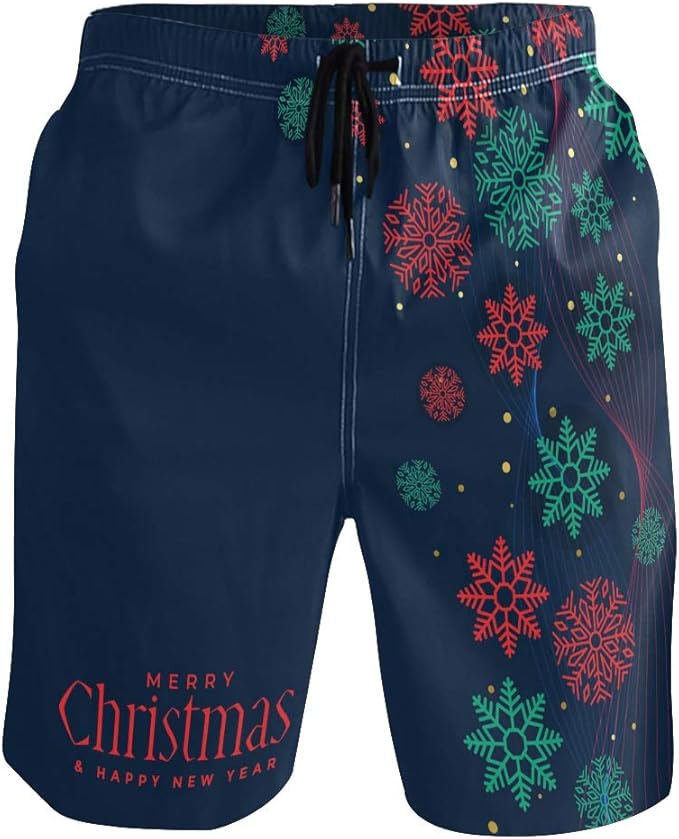 Merry Christmas Holiday Snowflakes Mens Fit Quick Dry Short Swim Trunks