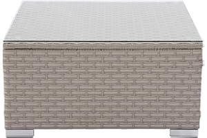 SUNBURY Patio Coffee Table, Wicker Frame in Pearl Gray, w Tempered Glass Top Elegant Outdoor Furniture Addition for Backyard Garden Porch