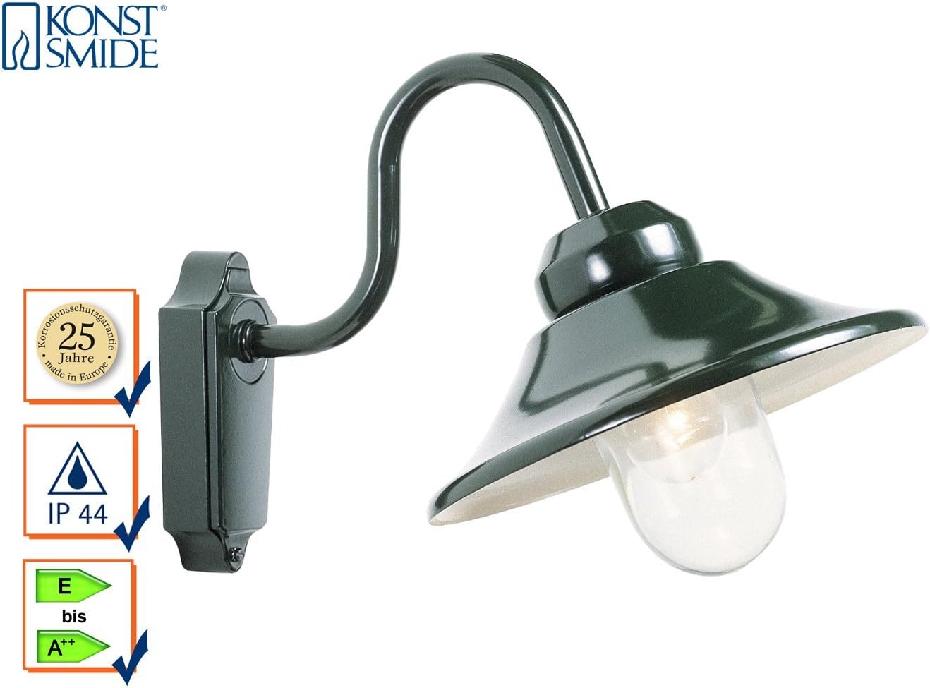Konstsmide Handmade Outdoor Wall Lights Mains Powered/Vega Down Swan Neck Outdoor Wall Light/1 x 60 W E27 Max Wall Lamp/Clear Glass Globe/Aluminium/IP23/Green - Image 4