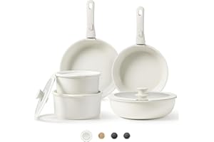 CAROTE Pots and Pans Set Non Stick, Cookware Sets, 11pcs Kitchen Set, Oven/Fridge Safe, Space Saving Pots Set, Nonstick Set with Versatile Removable/Detachable Handle, Induction RV Set, Cream White